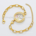 Moda ouro aço inoxidável Chunky Rolo Cadeia de charme flutuante locket pulseira, pulseira com cristal